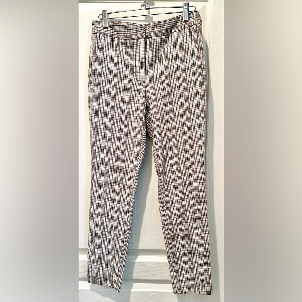 Zara Flat Waist Plaid Tapered Trousers in Navy Tan & Gold - Picture 2 of 6